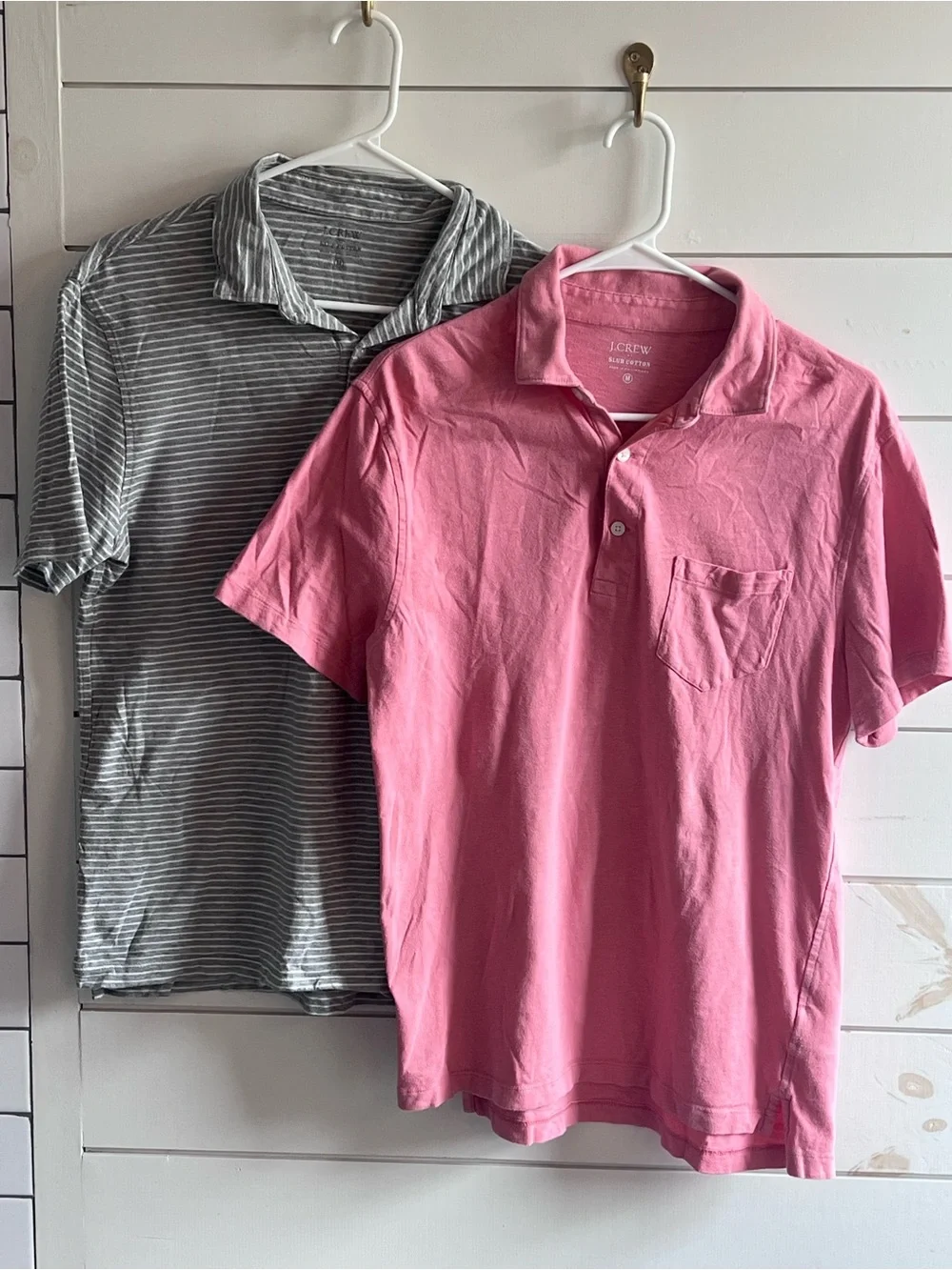 2 J. Crew Men’s Polos in Salmon and Black and White Stripe with Chest Pocket
